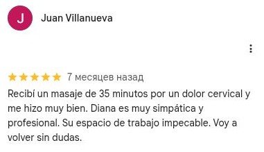 Reseña de Juan Villanueva sobre masaje, publicada en Google