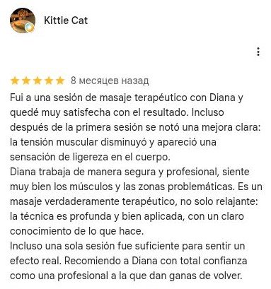 Reseña de Kittie Cat sobre masaje, publicada en Google